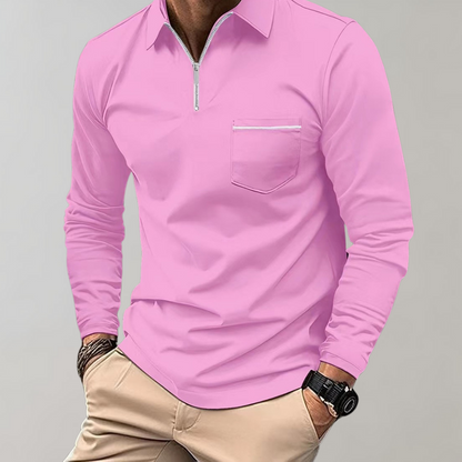 Langärmliges Poloshirt – Herren-Poloshirt mit Kragen und Viertelreißverschluss-Rosa-S-Chaps Herrenmode