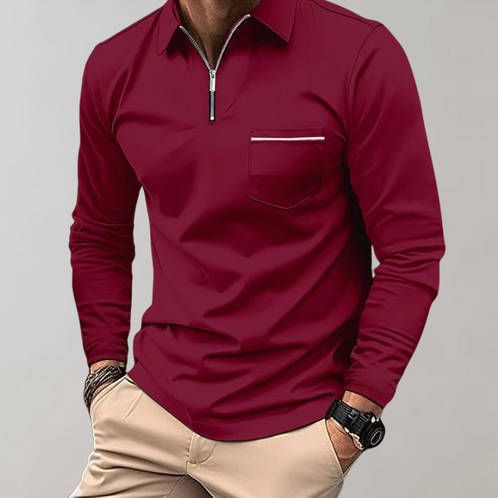 Langärmliges Poloshirt – Herren-Poloshirt mit Kragen und Viertelreißverschluss-Rot-S-Chaps Herrenmode