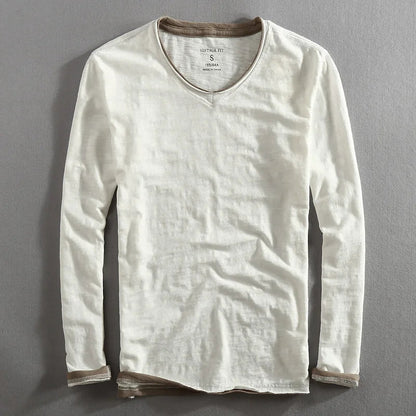 Langärmliges T-Shirt – Herren-Freizeithemd aus Leinen und Baumwolle mit V-Ausschnitt-Weiß-S-Chaps Herrenmode