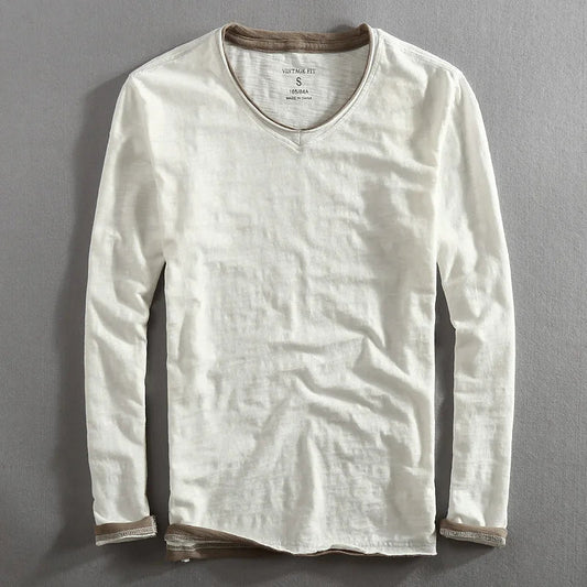 Langärmliges T-Shirt – Herren-Freizeithemd aus Leinen und Baumwolle mit V-Ausschnitt-Weiß-S-Chaps Herrenmode