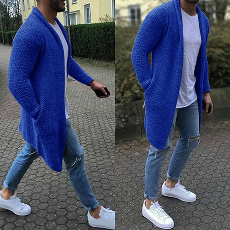 Lange Strickjacke - Warm - Offene Front - Strickjacke - Herrenbekleidung-Blau-M-Chaps Herrenmode