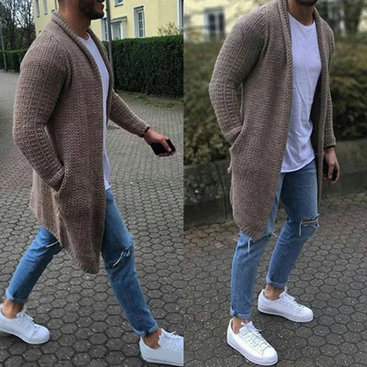 Lange Strickjacke - Warm - Offene Front - Strickjacke - Herrenbekleidung-Khaki-M-Chaps Herrenmode