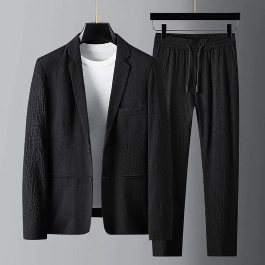 Lässiger Anzug | Leicht | Kordelzug | Hosen- und Blazer-Set | Zweiteiliges Set für Männer-Schwarz-M-Chaps Herrenmode