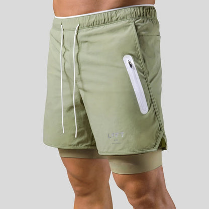 Laufshorts - Herren 2-in-1 Sport Gym Shorts mit Taschen-Grün mit Logo-M-Chaps Herrenmode