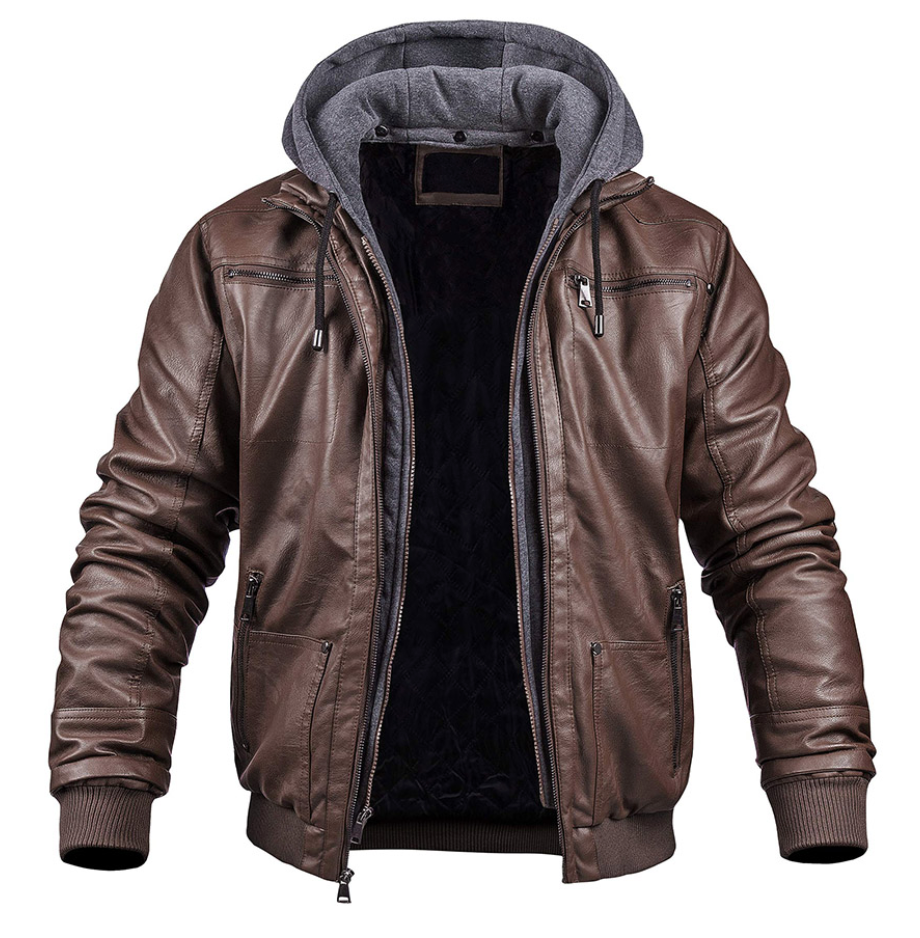 Lederjacke - Herren Lederjacke mit Kapuze und Reißverschluss für den Winter-Braun-3XL-Chaps Herrenmode