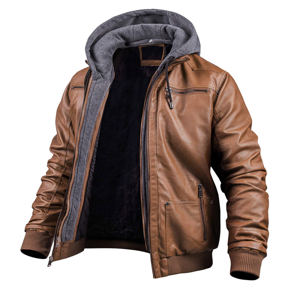 Lederjacke - Herren Lederjacke mit Kapuze und Reißverschluss für den Winter-Braun-S-Chaps Herrenmode