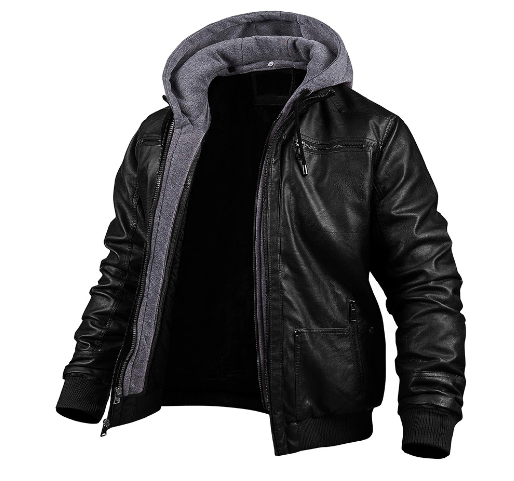 Lederjacke - Herren Lederjacke mit Kapuze und Reißverschluss für den Winter-Chaps Herrenmode