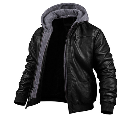 Lederjacke - Herren Lederjacke mit Kapuze und Reißverschluss für den Winter-Chaps Herrenmode