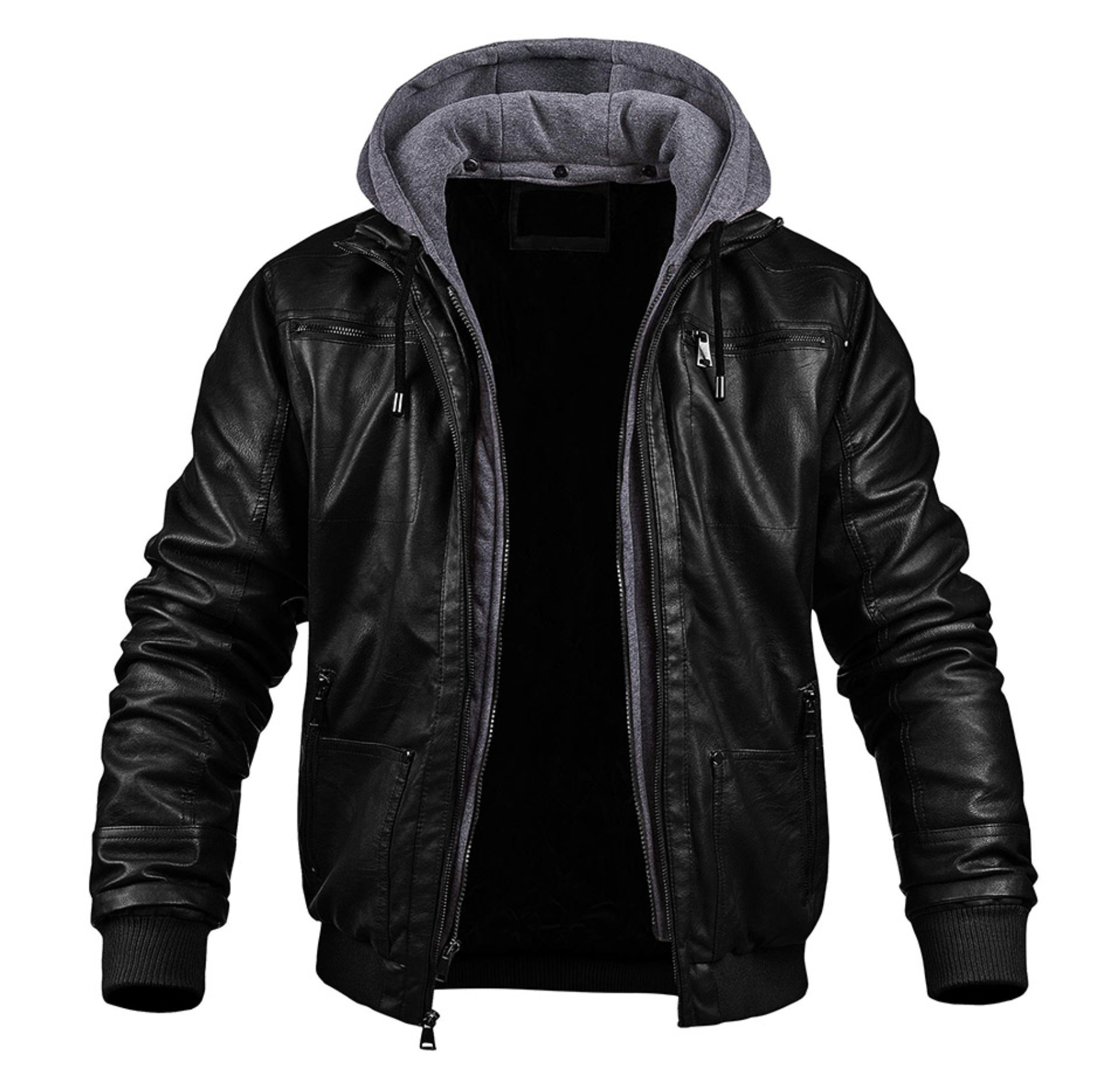 Lederjacke - Herren Lederjacke mit Kapuze und Reißverschluss für den Winter-Schwarz-S-Chaps Herrenmode