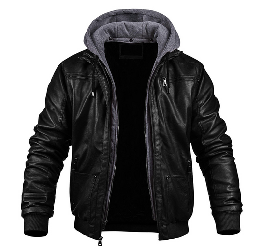 Lederjacke - Herren Lederjacke mit Kapuze und Reißverschluss für den Winter-Schwarz-S-Chaps Herrenmode