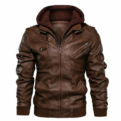 Lederjacke - Kapuze - Schmale Passform - Bikerjacke - Lederjacke für Männer-Braun-S-Chaps Herrenmode
