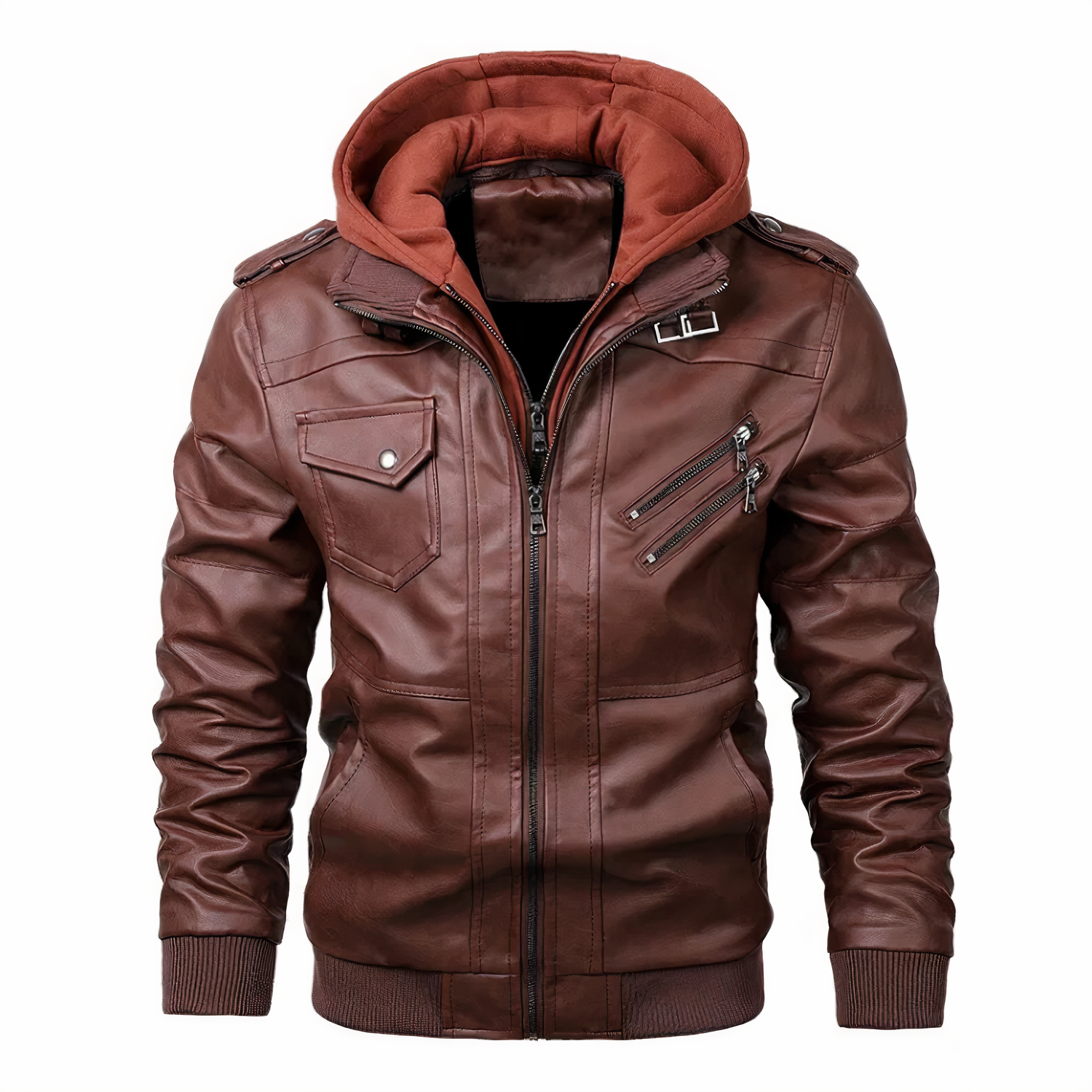 Lederjacke - Kapuze - Schmale Passform - Bikerjacke - Lederjacke für Männer-Rot-S-Chaps Herrenmode