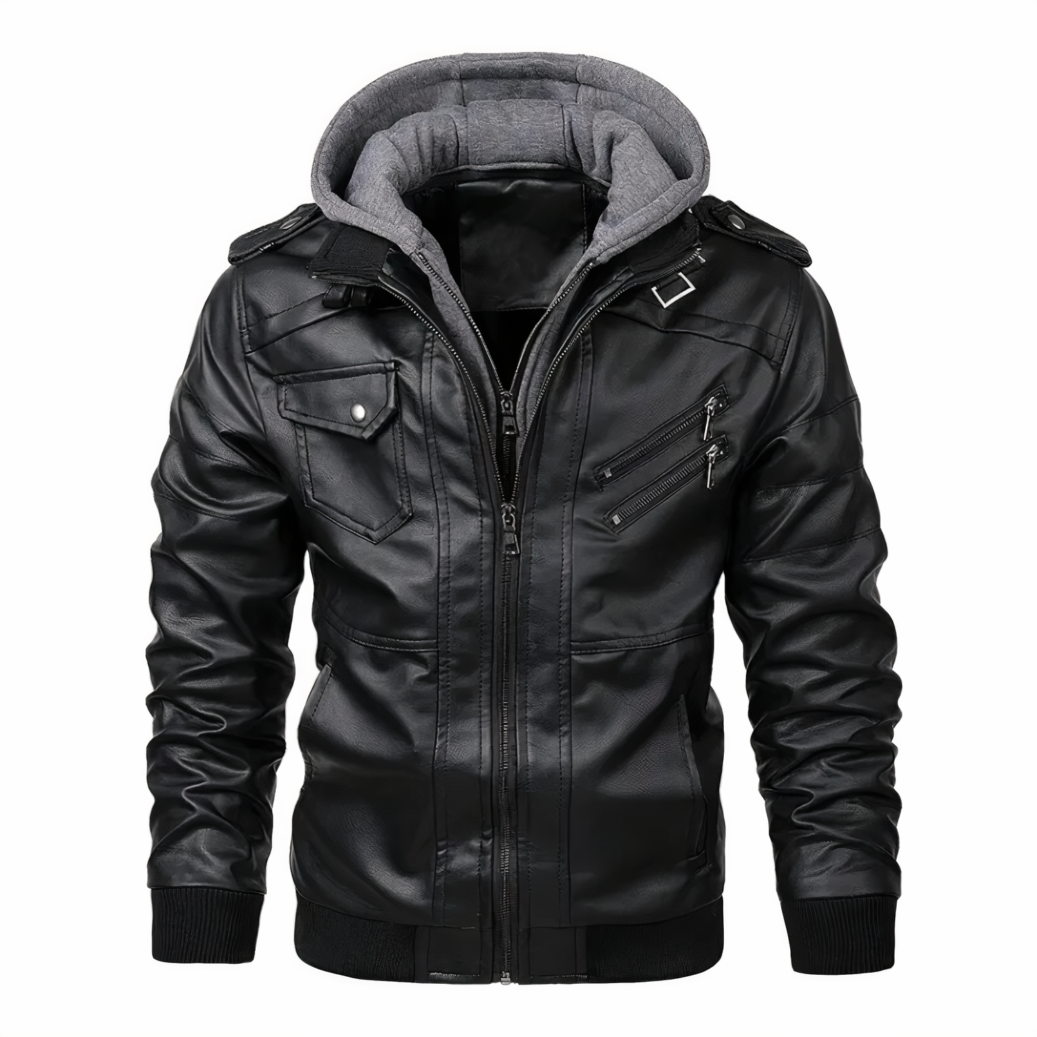 Lederjacke - Kapuze - Schmale Passform - Bikerjacke - Lederjacke für Männer-Schwarz-S-Chaps Herrenmode