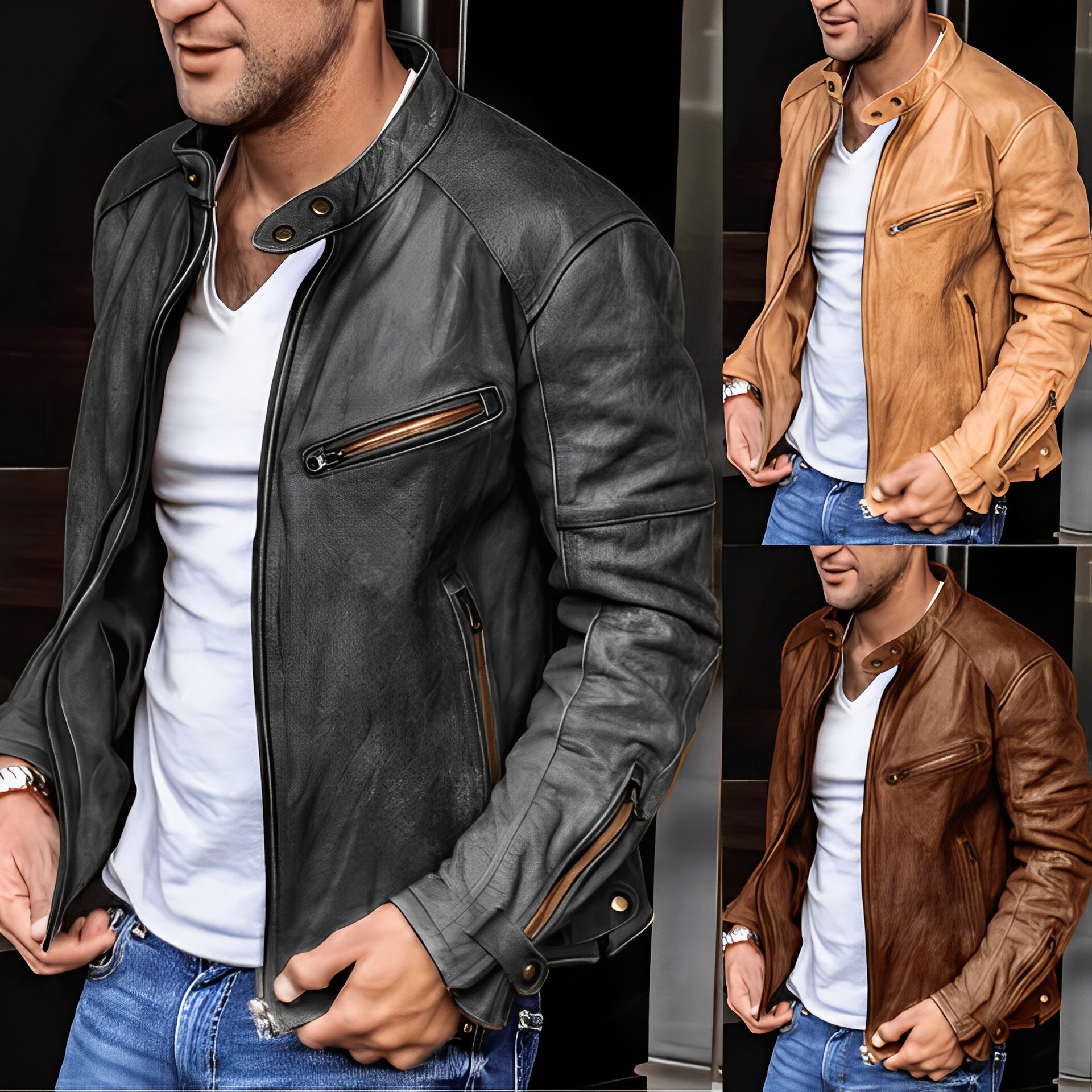 Lederjacke – Reißverschluss – Kunstleder – Bikerjacke – Herrenlederjacke-Chaps Herrenmode