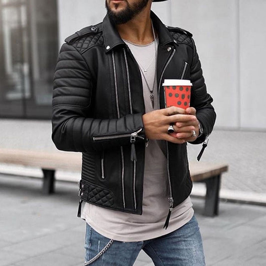 Lederjacke | Reißverschluss | Normale Passform | Bikerjacke | Herrenlederjacke-Schwarz-S-Chaps Herrenmode