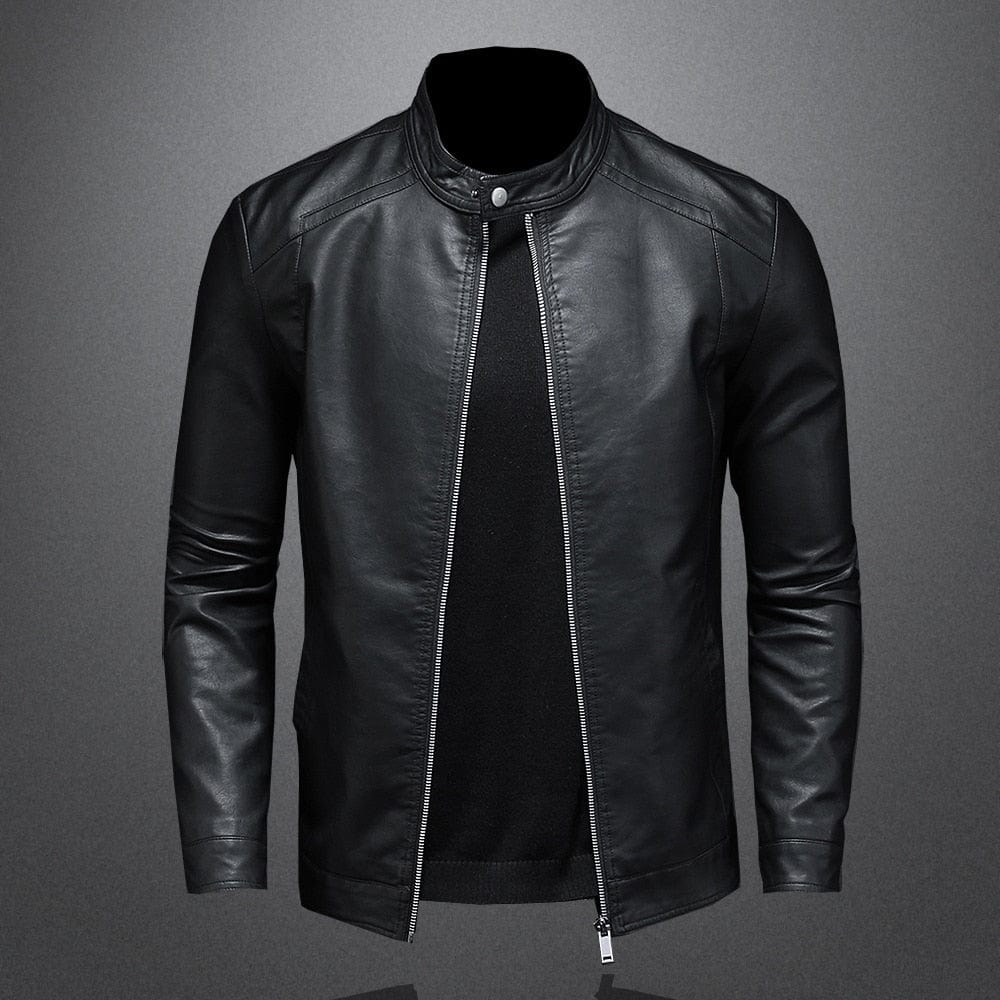 Lederjacke - Schwarze schlichte Kunstlederjacke mit Reißverschluss für Männer-M-Chaps Herrenmode