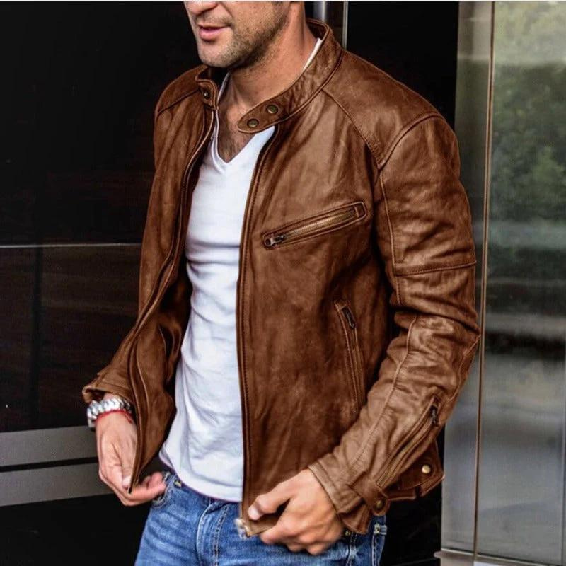 Lederjacke – Wetterfeste Vintage-Bikerjacke mit Reißverschluss für Herren-Braun-M-Chaps Herrenmode