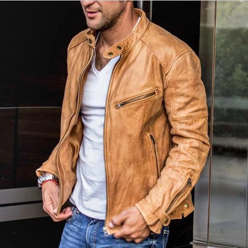 Lederjacke – Wetterfeste Vintage-Bikerjacke mit Reißverschluss für Herren-Khaki-M-Chaps Herrenmode