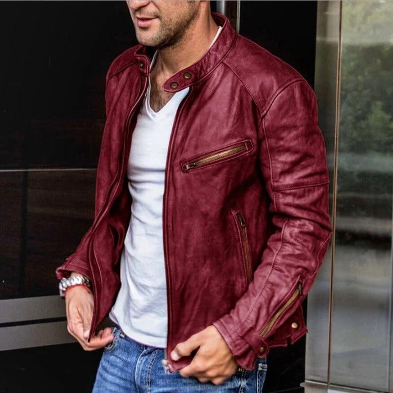 Lederjacke – Wetterfeste Vintage-Bikerjacke mit Reißverschluss für Herren-Rot-M-Chaps Herrenmode
