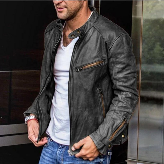 Lederjacke – Wetterfeste Vintage-Bikerjacke mit Reißverschluss für Herren-Schwarz-M-Chaps Herrenmode