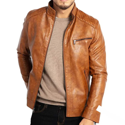 Lederjacke – Winddichte Herren-Bikerjacke aus Leder mit Reißverschluss-Braun-S-Chaps Herrenmode