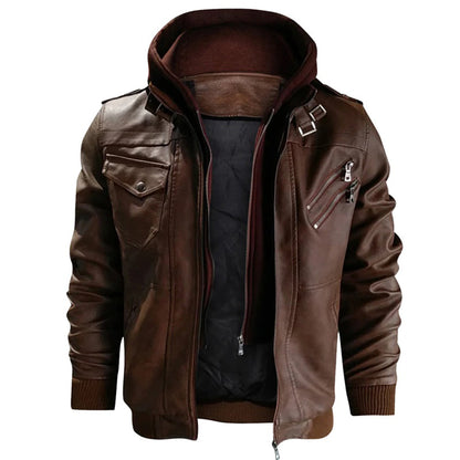 Lederjacke – mit Kapuze – mit Reißverschluss – Bikerjacke – Herrenlederjacke-Chaps Herrenmode