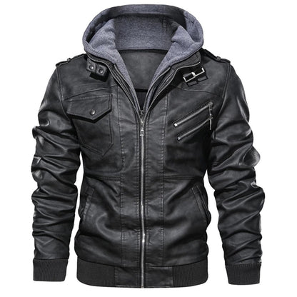 Lederjacke – mit Kapuze – mit Reißverschluss – Bikerjacke – Herrenlederjacke-Grau-S-Chaps Herrenmode