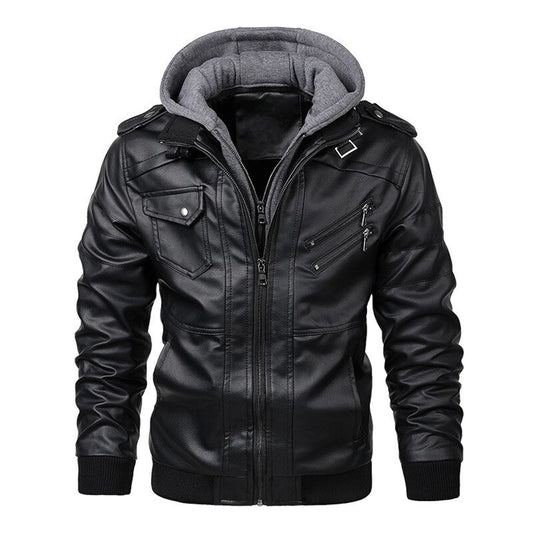 Lederjacke – mit Kapuze – mit Reißverschluss – Bikerjacke – Herrenlederjacke-Schwarz-S-Chaps Herrenmode