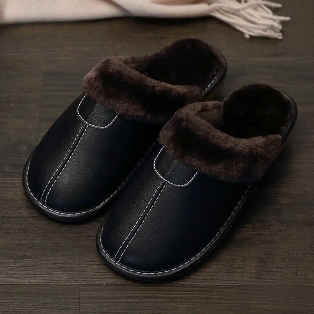 Lederpantoffeln | Pelz | Rutschfest | Hausschuhe | Winterschuhe-Schwarz-38-Chaps Herrenmode