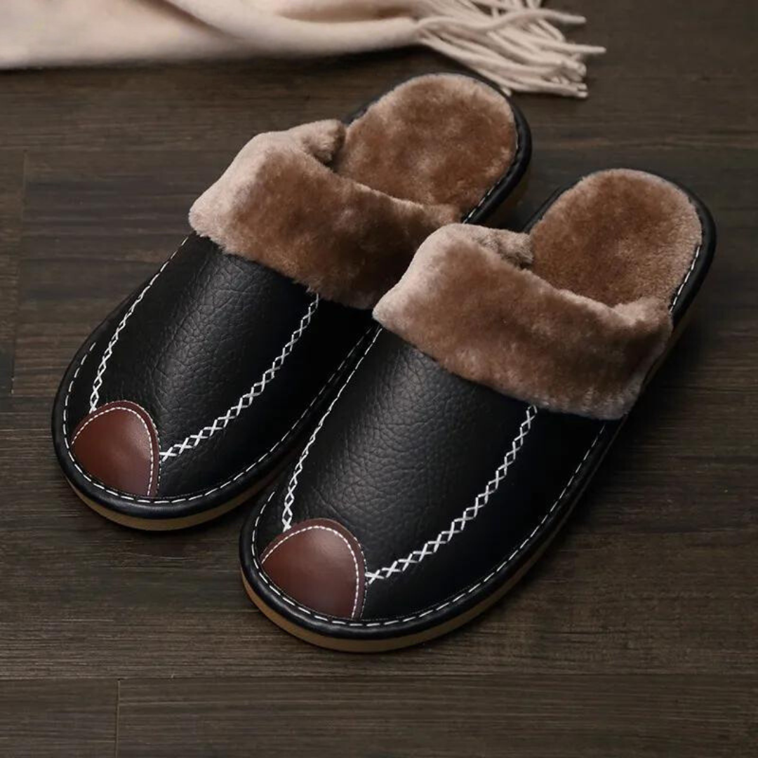 Lederpantoffeln | Pelz | Rutschfest | Hausschuhe | Winterschuhe-Schwarz Braun-38-Chaps Herrenmode