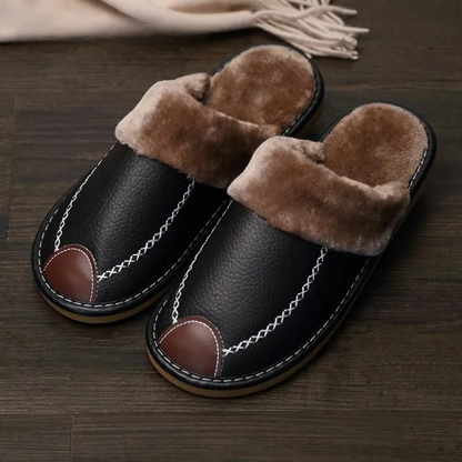 Lederpantoffeln | Pelz | Rutschfest | Hausschuhe | Winterschuhe-Schwarz Braun-38-Chaps Herrenmode