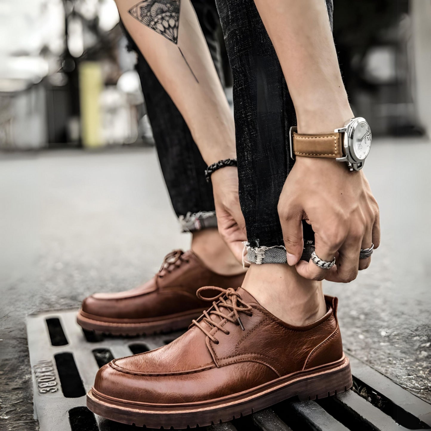 Lederschuhe – Herren, schwarzbraune Schnürschuhe im Chunky-Oxford-Stil-Chaps Herrenmode