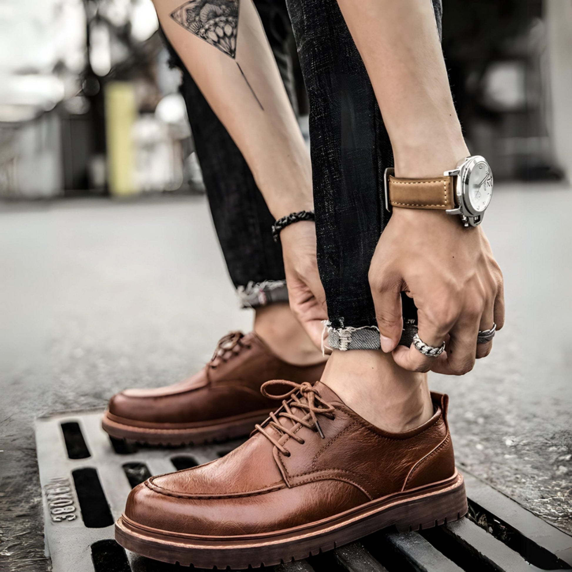 Lederschuhe – Herren, schwarzbraune Schnürschuhe im Chunky-Oxford-Stil-Chaps Herrenmode