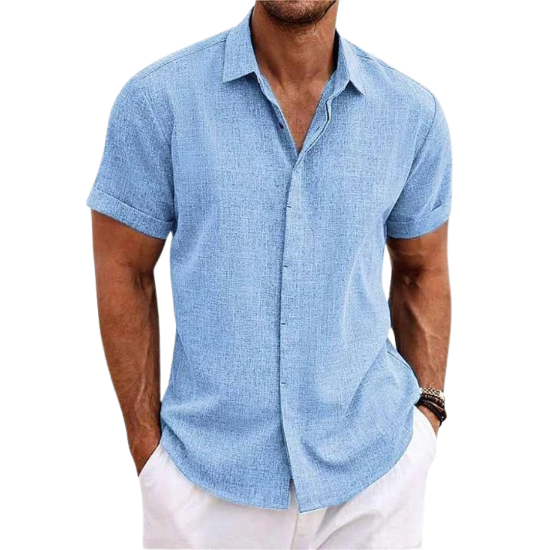 Leinen Freizeithemd für Männer mit kurzen Ärmeln-Blau-S-Chaps Herrenmode