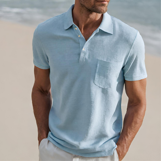 Leinen-Polohemd | Kurzarm | Halber Knopf | Polo T-Shirt | Herrenhemden-Hellblau-M-Chaps Herrenmode