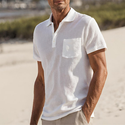 Leinen-Polohemd | Kurzarm | Halber Knopf | Polo T-Shirt | Herrenhemden-Weiß-S-Chaps Herrenmode