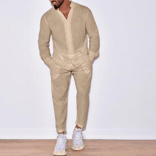 Leinen-Set – Zweiteiliges Set aus beigem Hemd und Hose für Herren für den Sommer-Beige-S-Chaps Herrenmode