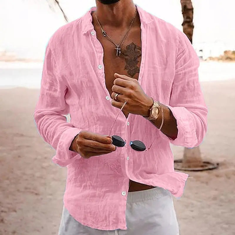 Leinenhemd | Baumwolle | Button-Up | Langarm | Herrenhemd-Rosa-S-Chaps Herrenmode