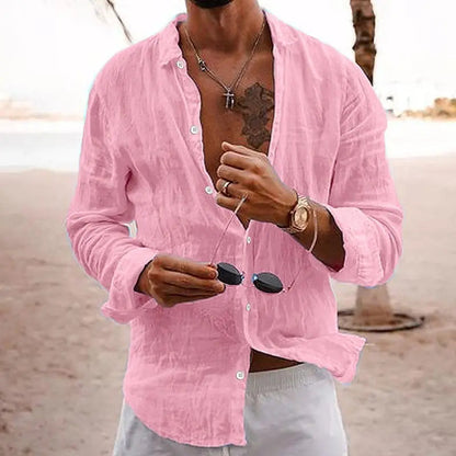 Leinenhemd | Baumwolle | Button-Up | Langarm | Herrenhemd-Rosa-S-Chaps Herrenmode