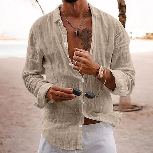 Leinenhemd | Baumwolle | Button-Up | Langarm | Herrenhemd-khaki-S-Chaps Herrenmode