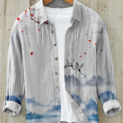 Leinenhemd | Bedruckt | Button-Up | Langarmhemd | Herrenhemd-Fliegende Störche-S-Chaps Herrenmode