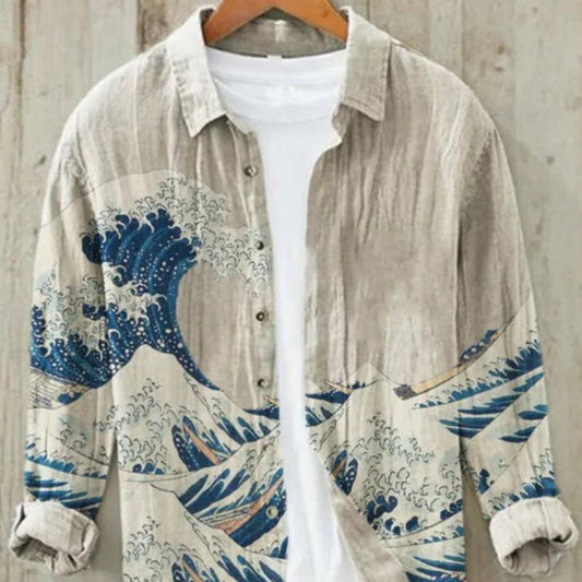 Leinenhemd | Bedruckt | Button-Up | Langarmhemd | Herrenhemd-Golf von Kanagawa-S-Chaps Herrenmode