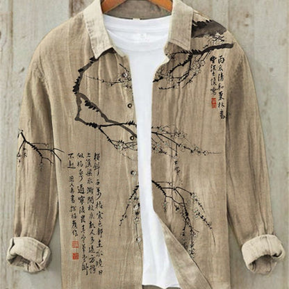 Leinenhemd | Bedruckt | Button-Up | Langarmhemd | Herrenhemd-Japanische Schriftzeichen-S-Chaps Herrenmode