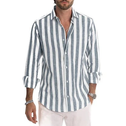 Leinenhemd | Gestreift | Button-Up | Langarmhemd | Herrenhemden-Grau-S-Chaps Herrenmode