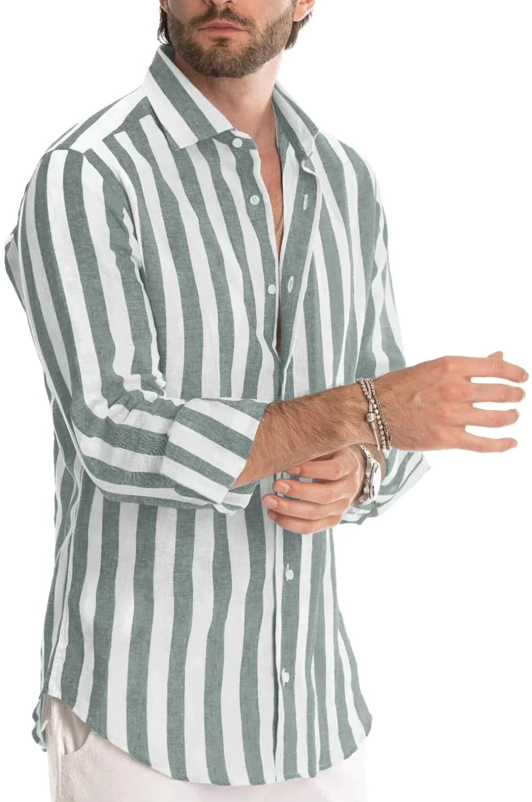 Leinenhemd | Gestreift | Button-Up | Langarmhemd | Herrenhemden-Grün-S-Chaps Herrenmode