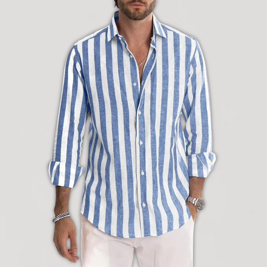 Leinenhemd | Gestreift | Button-Up | Langarmhemd | Herrenhemden-Hellblau-S-Chaps Herrenmode
