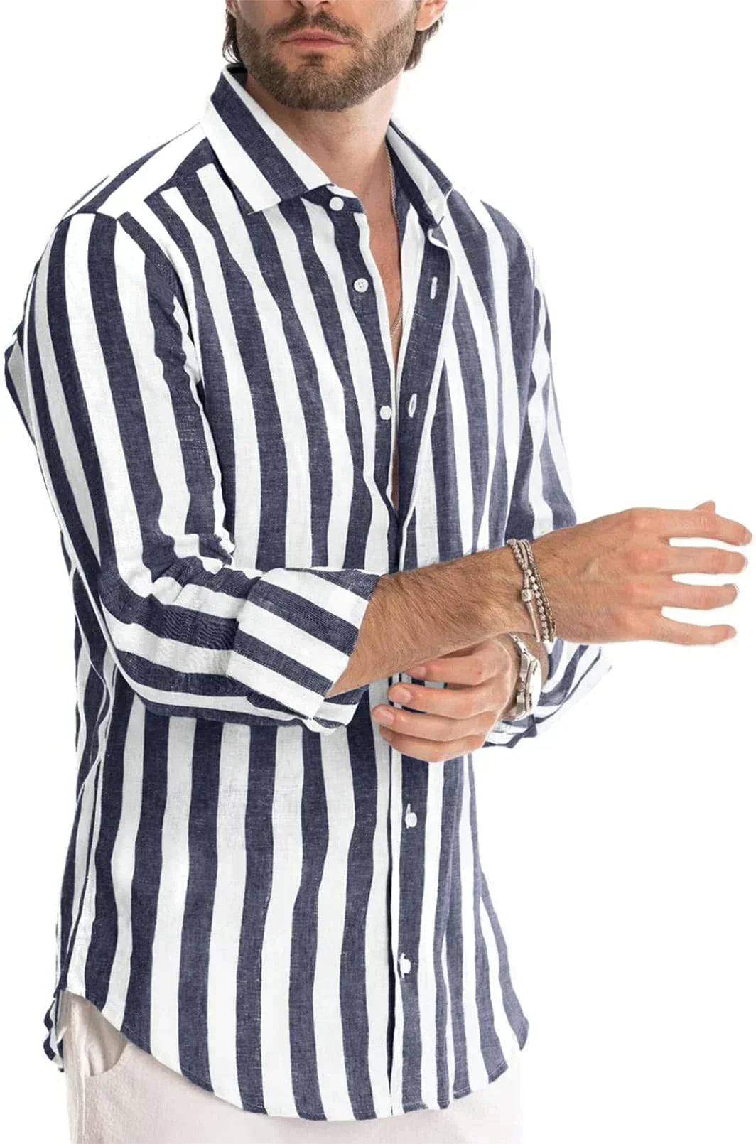 Leinenhemd | Gestreift | Button-Up | Langarmhemd | Herrenhemden-Marineblau-S-Chaps Herrenmode