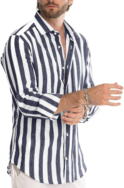 Leinenhemd | Gestreift | Button-Up | Langarmhemd | Herrenhemden-Marineblau-S-Chaps Herrenmode