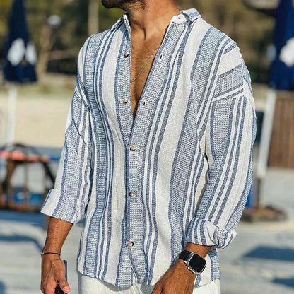 Leinenhemd – Gestreiftes Langarm-Hemd mit Knopfleiste für Herren-Blau-S-Chaps Herrenmode