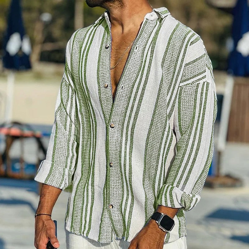 Leinenhemd – Gestreiftes Langarm-Hemd mit Knopfleiste für Herren-Grün-S-Chaps Herrenmode